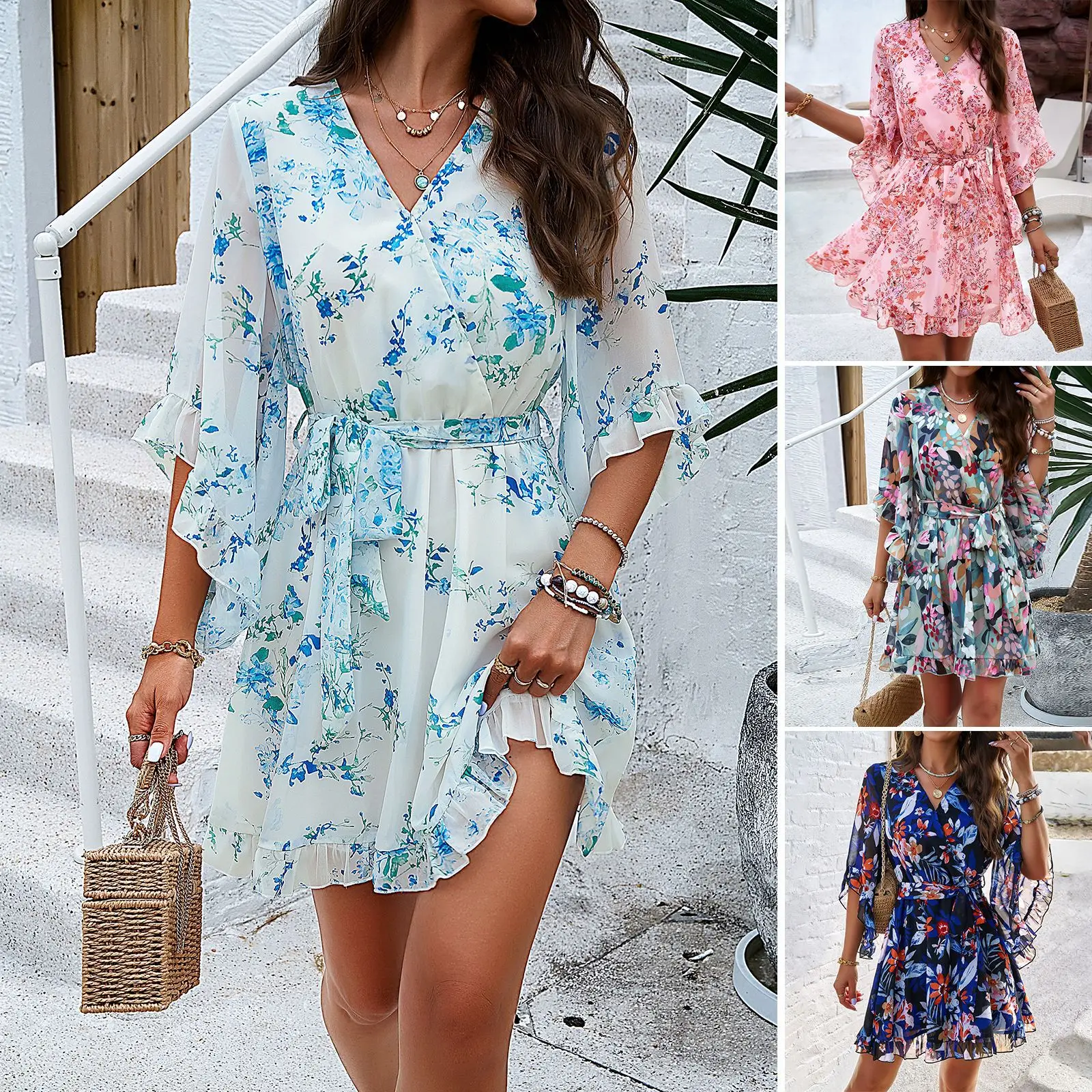 Summer Floral Printed Lace Up Mini Vestido Women Flare Half Sleeve Casual Fashion Robe Femme Elegant Ruffles Beach Holiday Dress