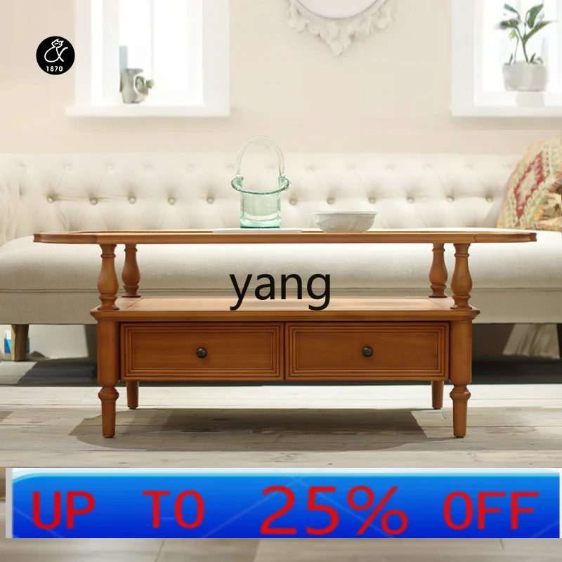 

LMM American retro dark brown coffee table French old household solid wood carving begonia tempered glass storage coffee table