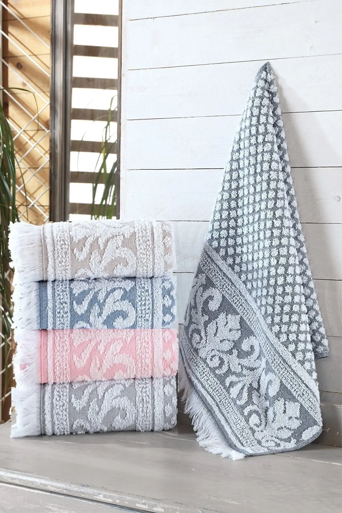 Turkish  Towel Set   3d Arma Jacquard Fringed 4 Pieces 50x90 Cm Hand And Face