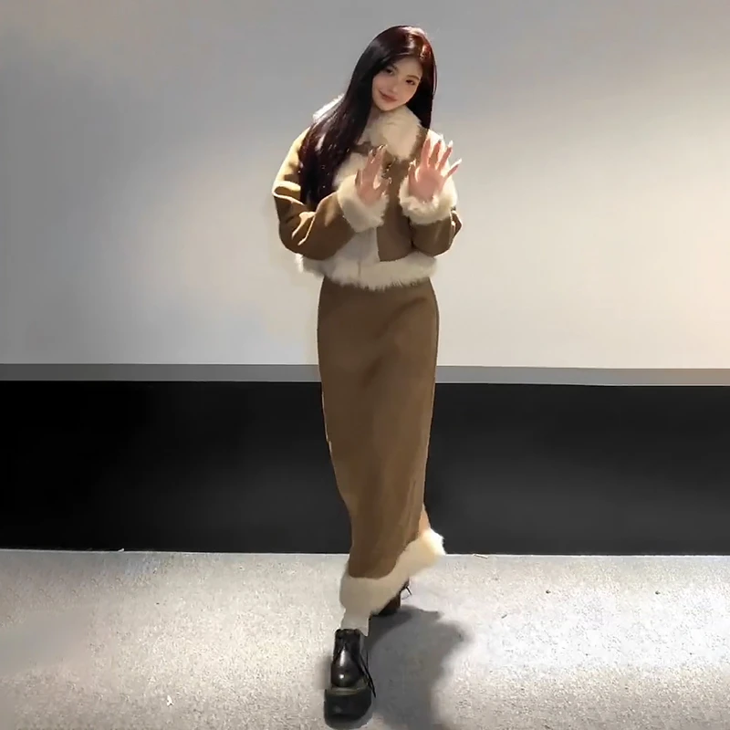 

Зимнее теплое пальто, юбка, комплект из двух предметов, женский темпераментный тонкий женский костюм с лацканами, милая модная плюшевая куртка + юбки E12039