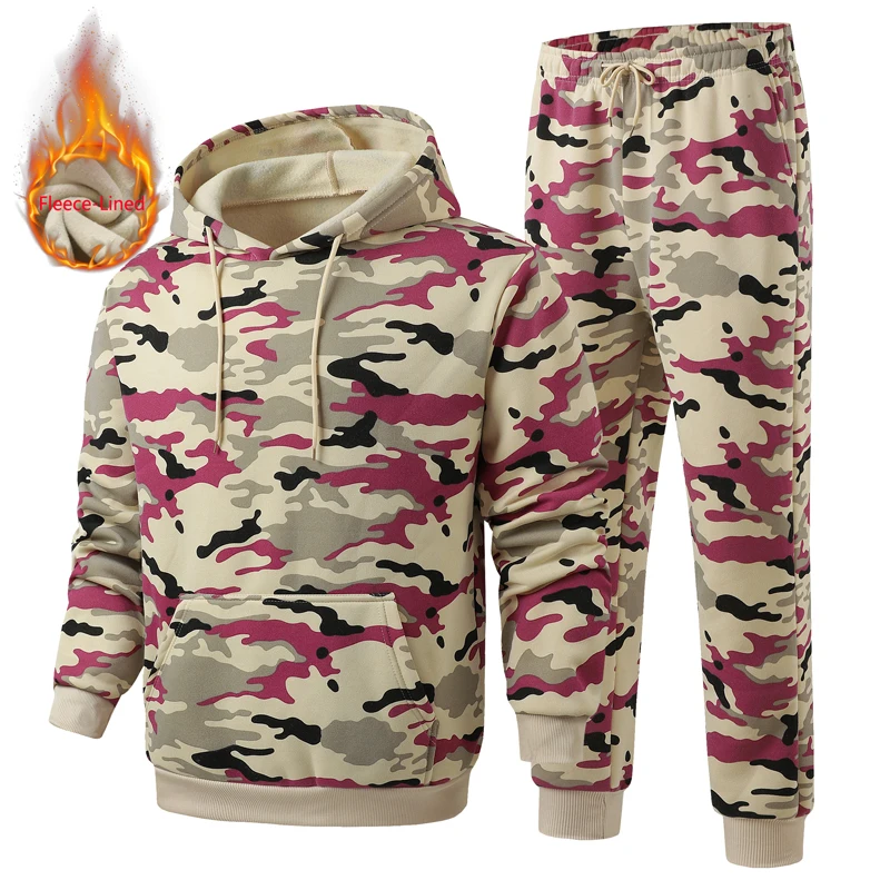 Winter Warm Fleece Lined Men Tracksuit 2PCS Pink Camo Printed Hooded Sweatshirt + Elastic Waist Sweatpants Male Casual Sports Jo