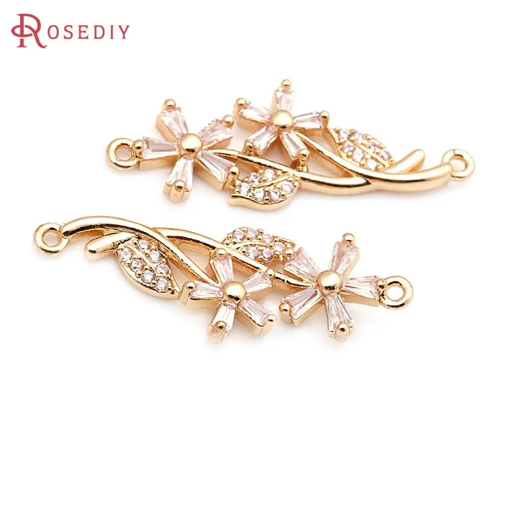 

6PCS 18K Gold Color Brass and Zircon 2 Holes Flower Connect Charms Pendants Diy Jewelry Making Necklace Earrings Accessories