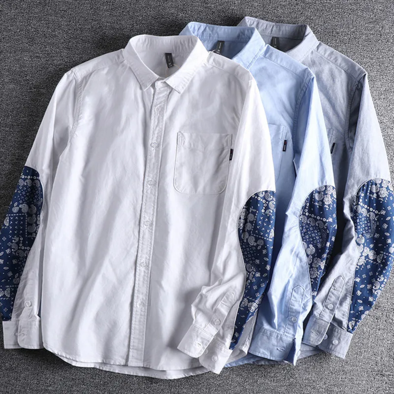 Fashion Men Shirt with Chest Pocket Pure Cotton Uniform Light Oxford Spun Retro Flower Stitching Patch Sleeves Button Down Shirt