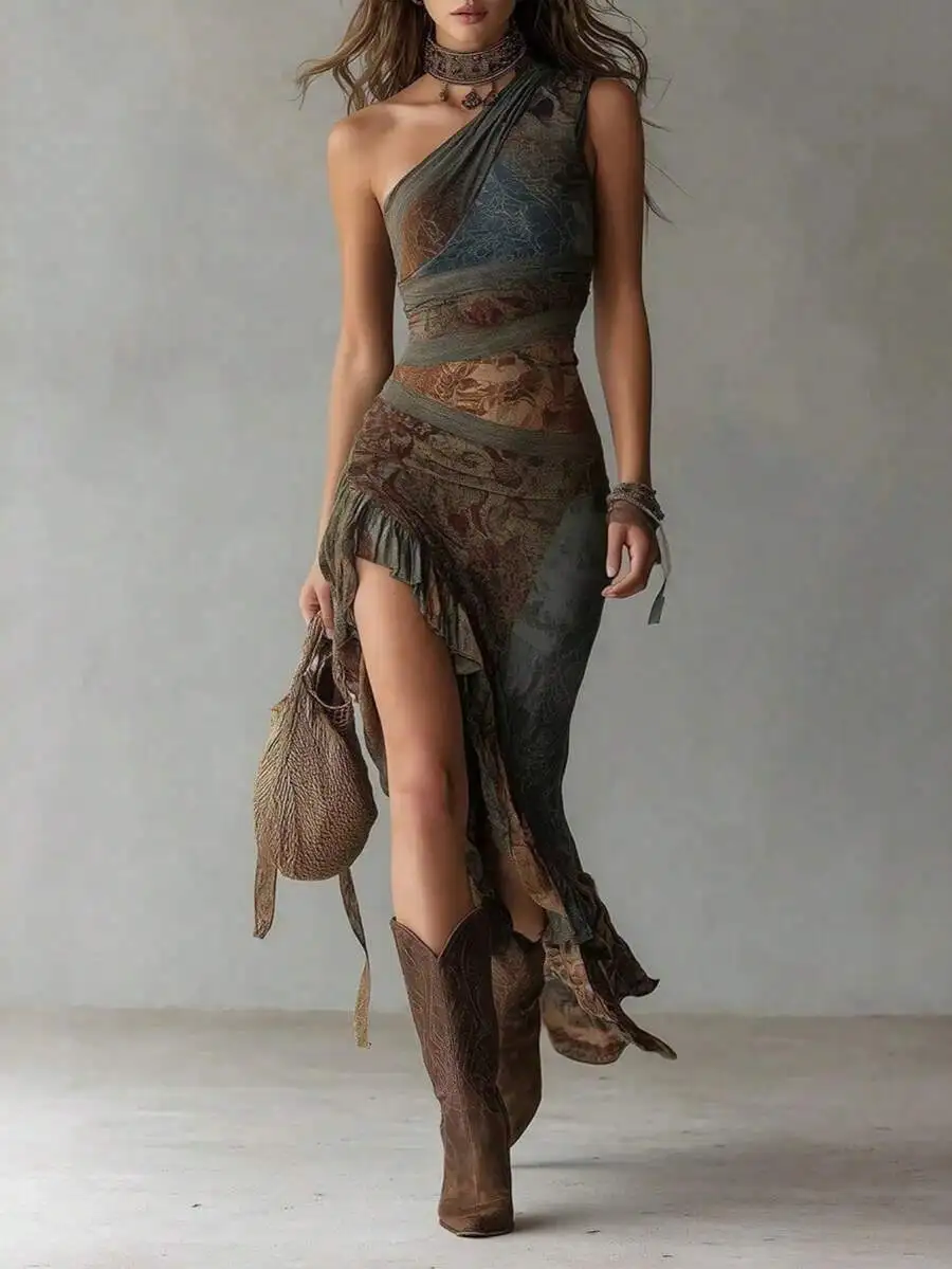 

Women Summer Retro Patchwork Asymmetrical Maxi Dress Boho Style