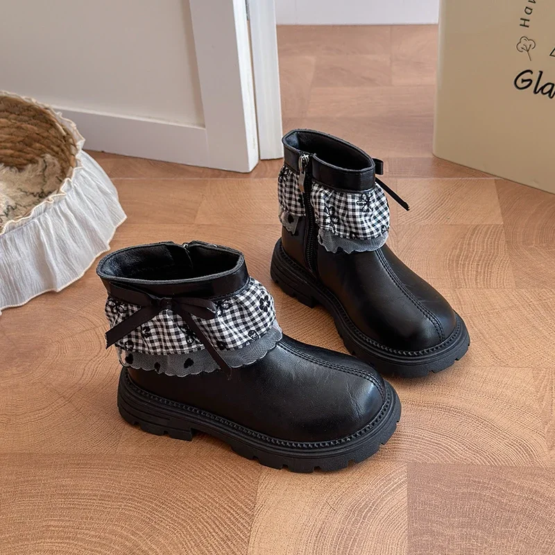 Girls Ankle Boots Gingham Ruffle & Bow Decor, Smooth PU Inner Zipper Thick Non‑Slip Sole Sweet Kids Fashion Short Boots