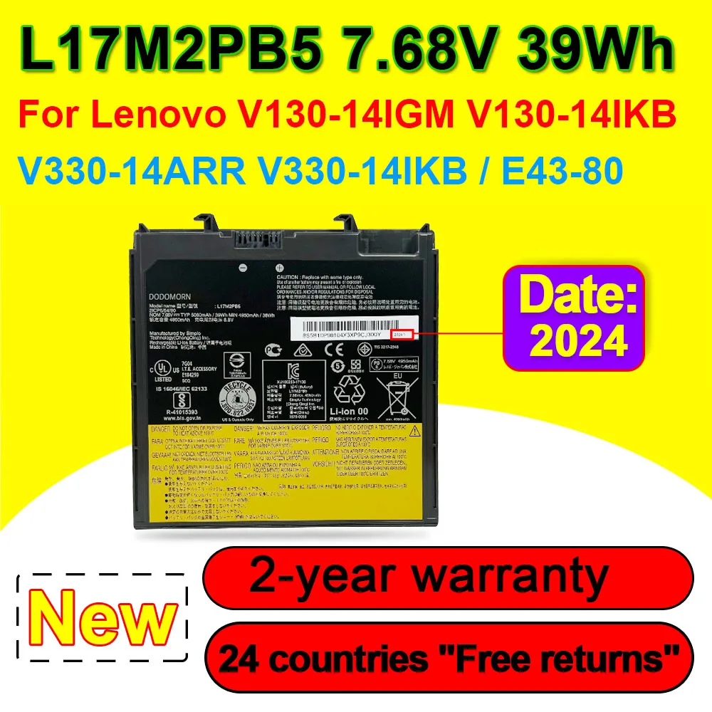 L17M2PB5 L17L2PB5 For Lenovo V330-14IKB V330-14ARR V130-14IKB V130-14IGM E43-80 K43C-80 E4-ARR Series Laptop Battery 7.68V 39Wh