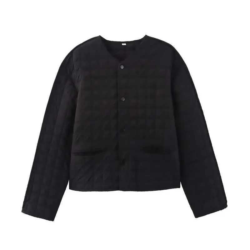 

2025 Winter European and American Style Fashionable Round Neck Long Sleeved Single Breasted Plaid Cotton Jacket