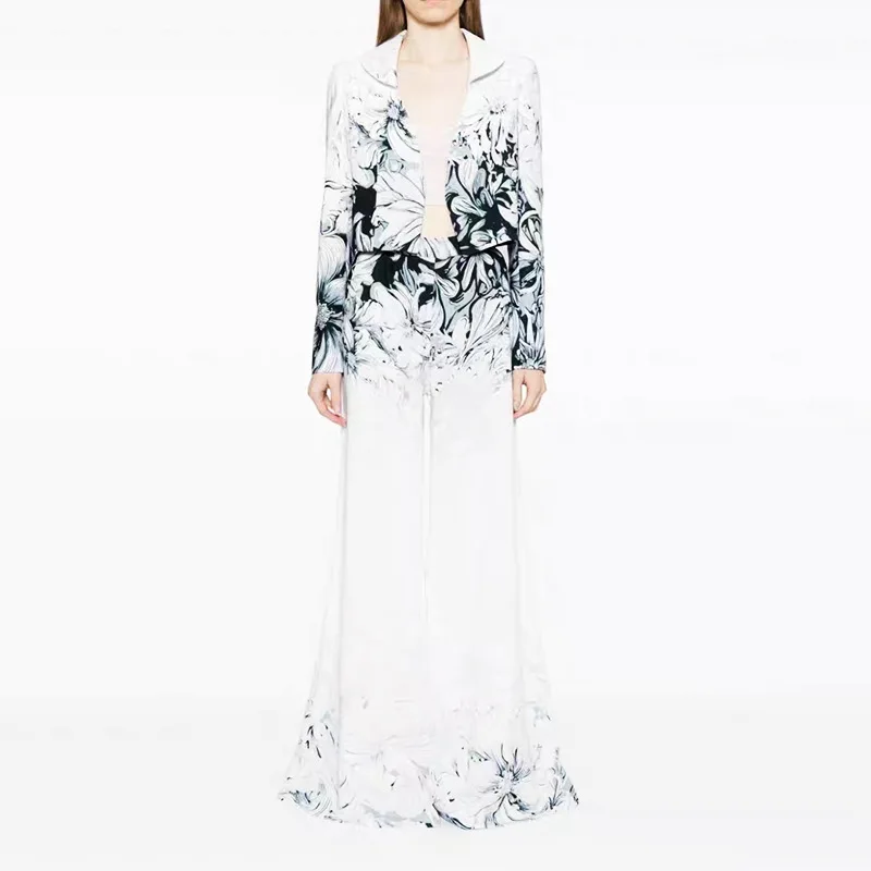 Printed suit Celebrity POLO neck cardigan jacket flared pants slim two-piece set