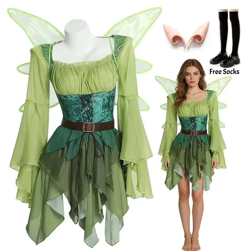 Disfraz de elfa para mujer, vestido medieval verde con alas, cinturón, traje de cosplay para Halloween, vestido de fiesta de hadas