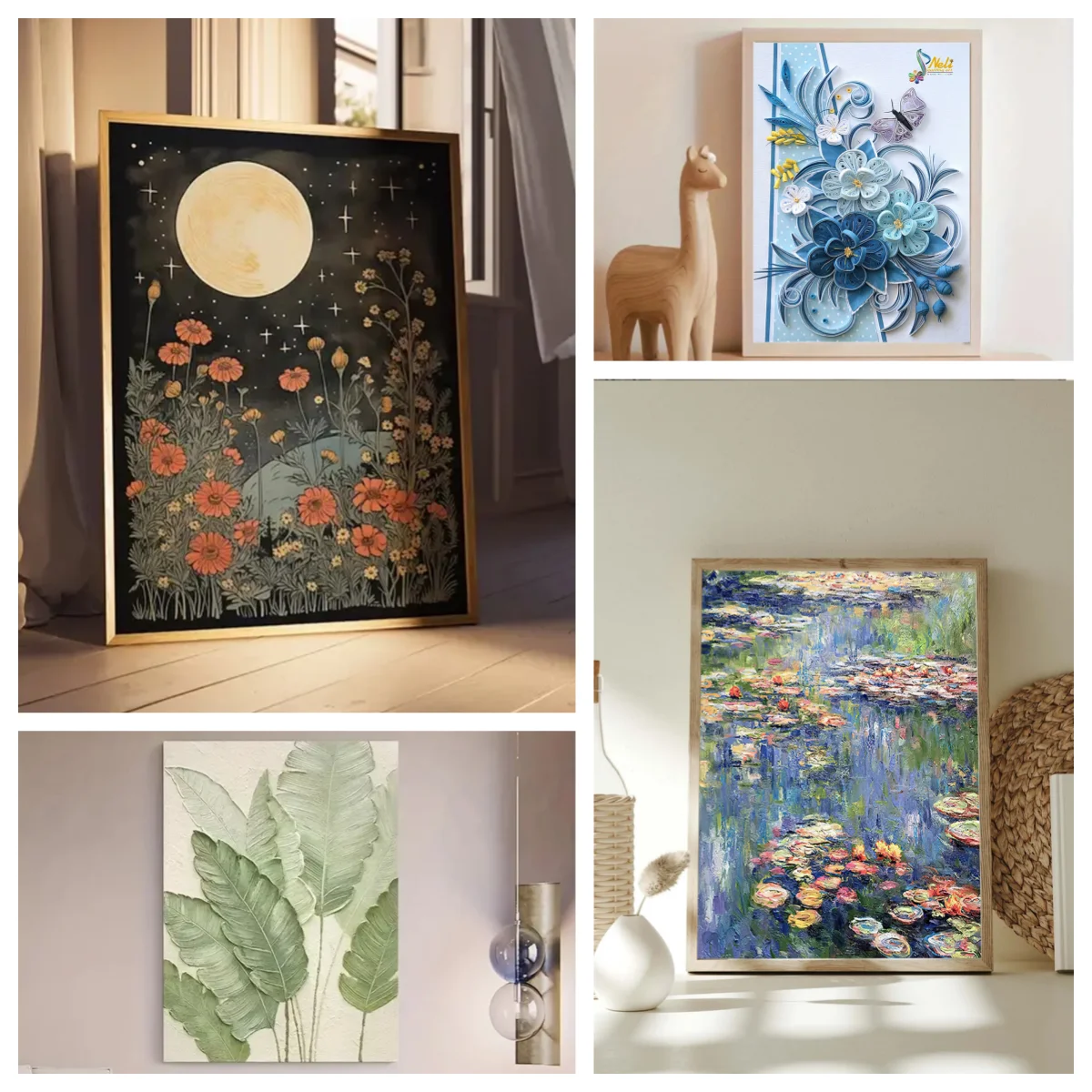 1Pc Modern Niche Art Floral Canvas Poster, Moon, Flower and Green Leaf Wall Decoration Painting, Living Room, Bedroom, Corridor Decoration, Frameless