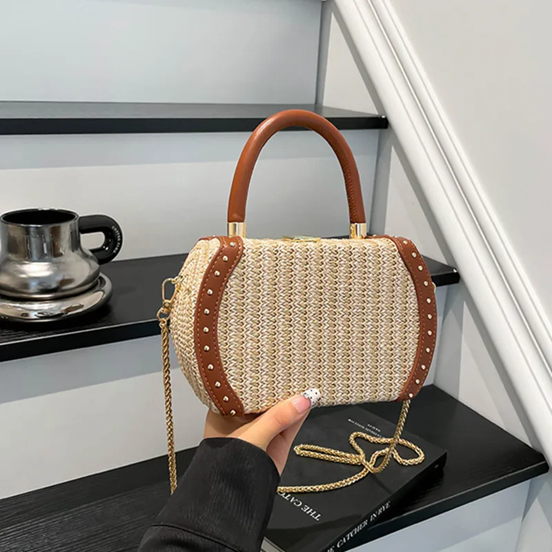2025 New Fashion Luxury Women's Rivet Straw Evening Bags High-grade Top Handle Handbags Popular Color Crossbody Shoulder Bag
