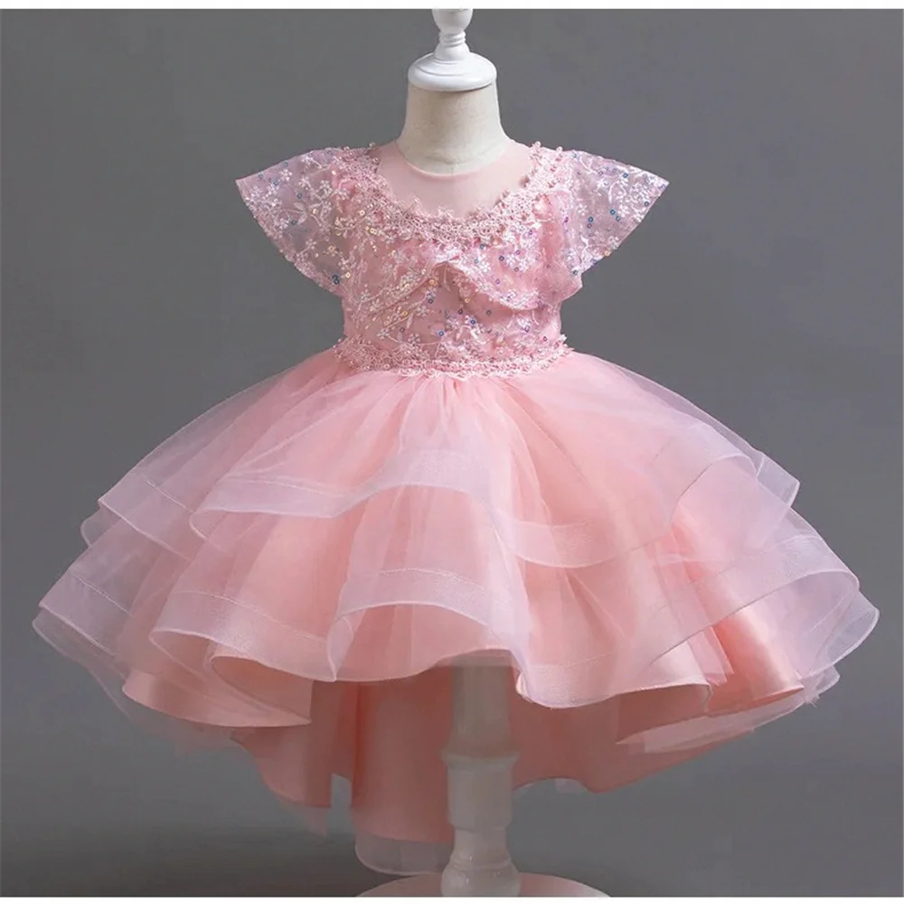 Flower Girl Dress Sleeveless Pink Cute Fluffy Beauty Pageant Stratification Princess Party Kids Birthday GIFT First Communion