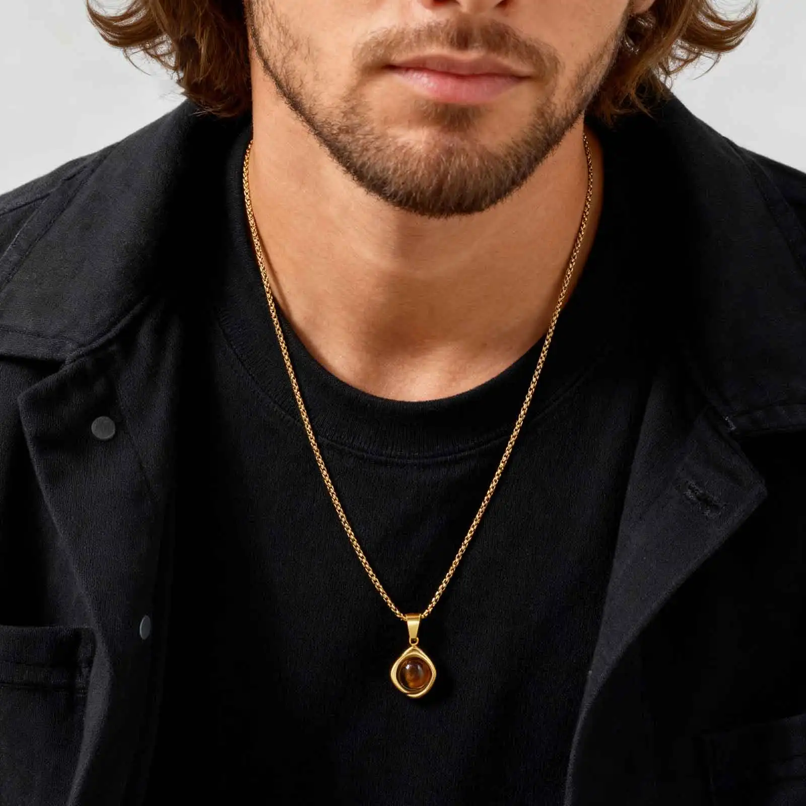 Klassische Mode Runde Natürliche Achat Tigerauge Stein Halskette für Männer, Edelstahl Unregelmäßige Anhänger Halskette, Punk Schmuck – Detail 4
