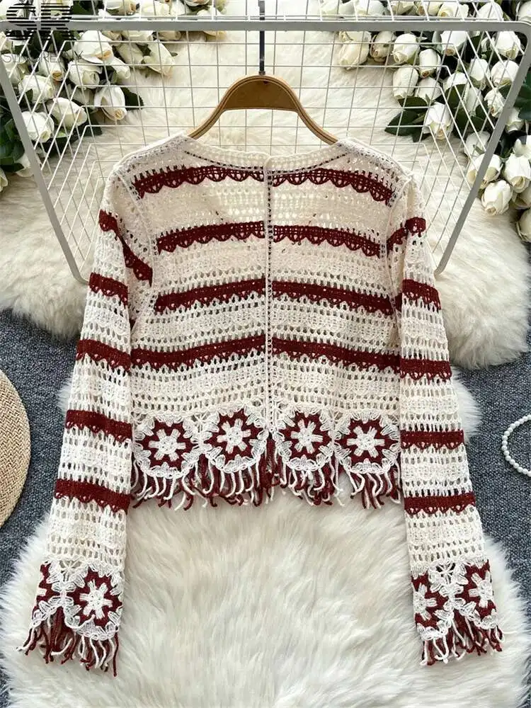 

BabYoung Stripe Chic Knitting Blouse Ladies V Neck Long Sleeve Single Breasted Top Women Summer Ethnic Style Casual Shirt