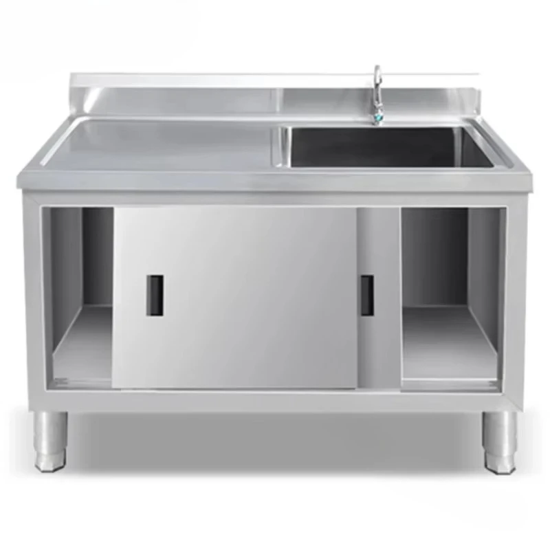 Commercial Multi-functional Sinks Stainless Steel Moveable Door Kitchen  Vegetable Basin Stove Cabinet with Sink Platform L