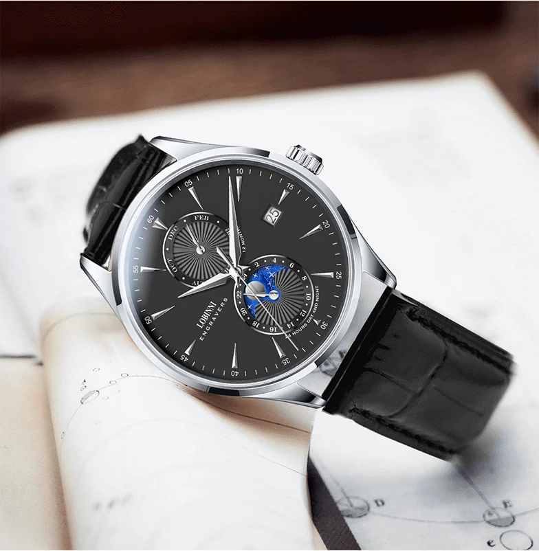 

Lobinni Мужские автоматические часы 40 мм Механические наручные часы с фазой Луны Водонепроницаемые с сапфировым стеклом Мультициферблат Месяц Дата 24 часа