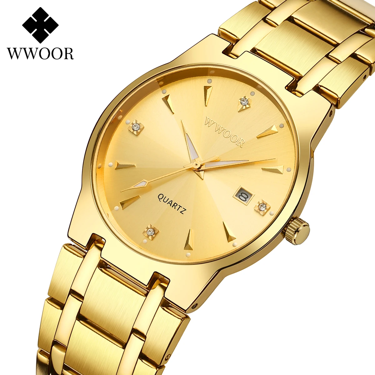 WWOOR Watch for Men Gold Stainless Steel Waterproof Date Quartz Clock Male Luxury Fashion Leisure Workplace Work Men\'s Watches