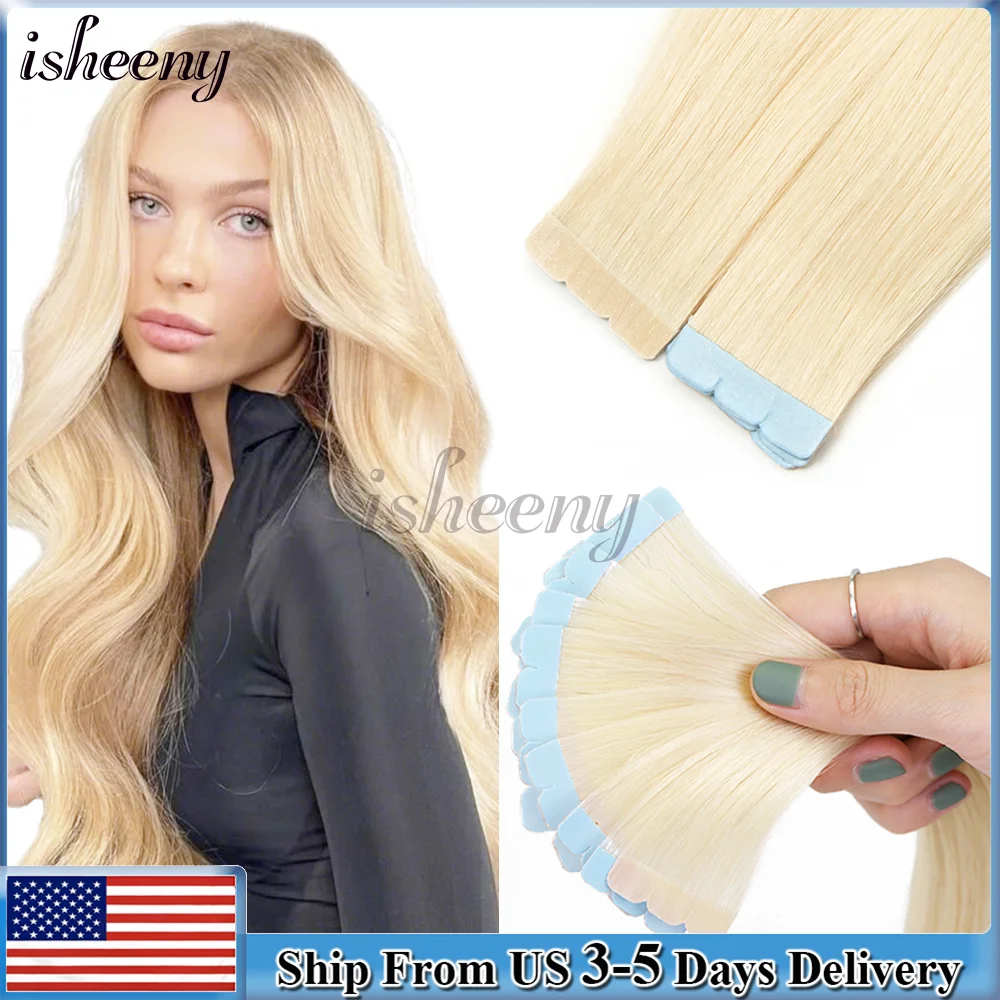 Isheeny Mini Tape in Human Hair Extensions Easy to Wear at Home Invisible Adhesive Seamless Tape in Hair Machine Remy 12”-24“