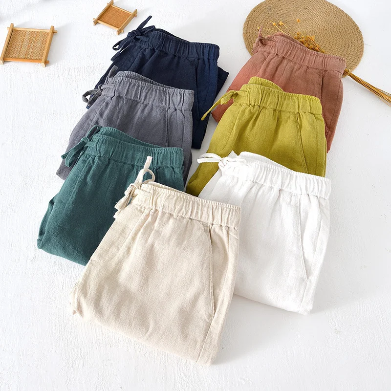 Summer Thin Breathable Straight Tube Shorts Pants Mens Beach Sold Color Casual Loose Cotton Linen Pants Joggers Shorts Male Wear