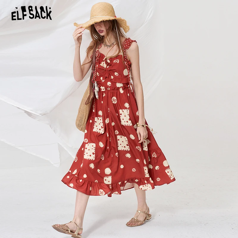 

ELFSACK Cute Red Polka Dot Print Cami Dress, Summer Midi Dress with Sweet Ruffle & Bow Detail for Vacation Outfit