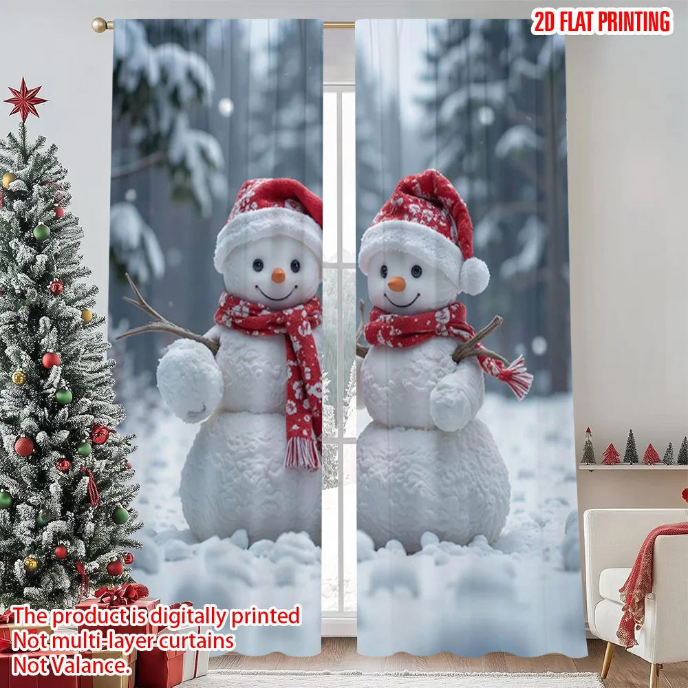 

2pcs 2D flat printing Christmas Window Curtains Holiday Christmas Snowman Family Versatile Durable Polyester Without Electricity