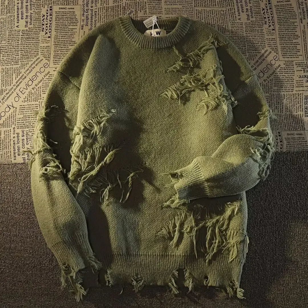 2024 Autumnand Streetwear Men New Retro Hole Fringed Sweater Loose Versatile Sweater For Men And Women Long Sleeve Sweater