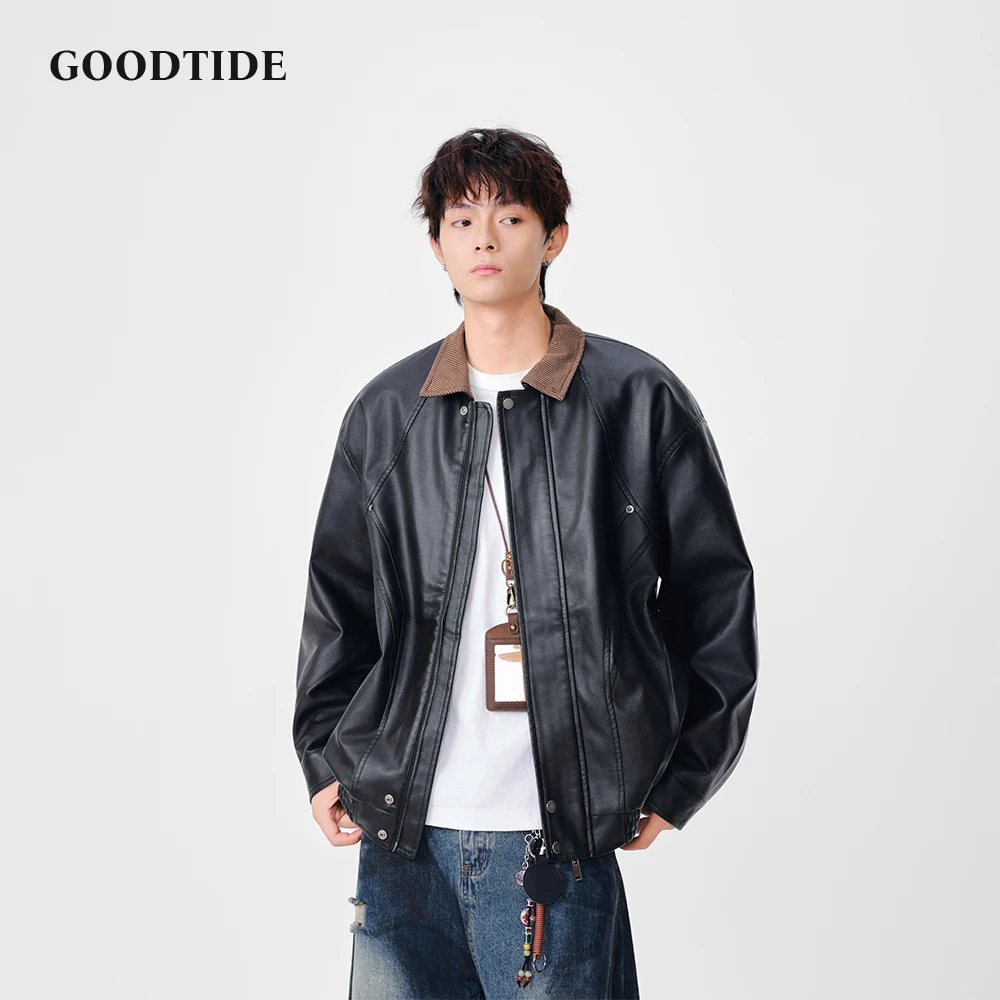 

Men's Faux Leather Jacket Contrast Collar Vintage Streetwear Loose Fit Black PU Leather Coat for Men Fashion Casual Outerwear