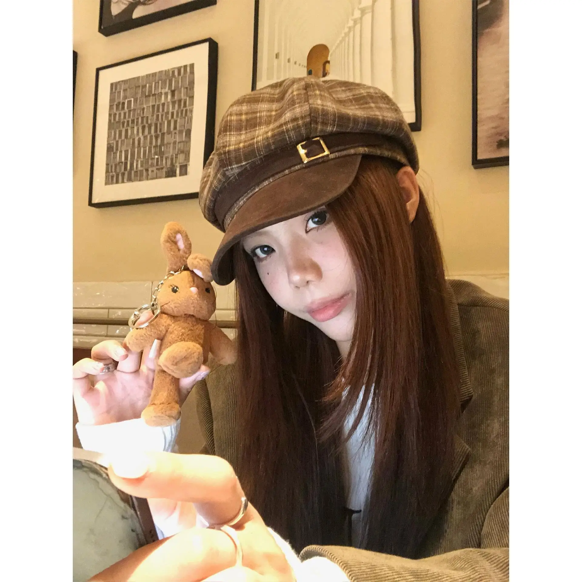 Trendy Japanese Style Plaid Beret Hat Women's Autumn Winter Large Head Size Octagonal Paperboy Painter Caps Fashionable