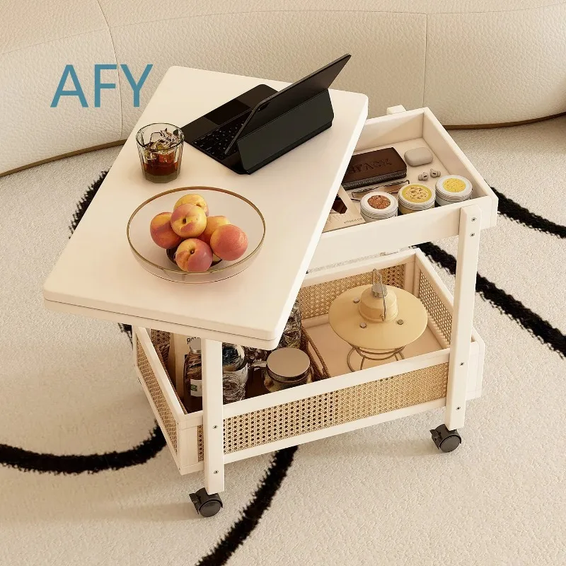 Foldable Bamboo Storage Desk with Rolling Cart for Small Spaces Living Room Study Modern End Table for Home Office Furniture