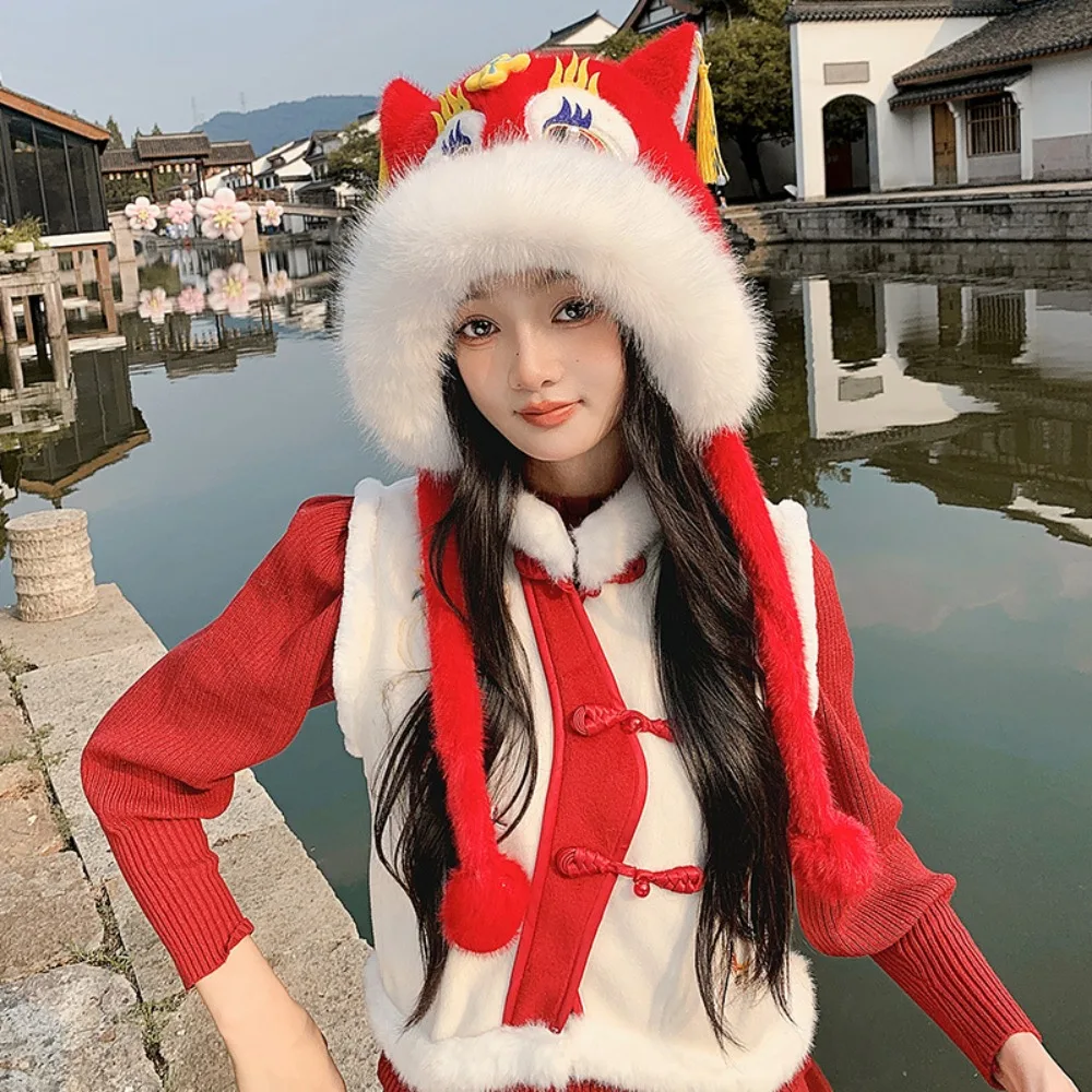 

Kawaii Ear Muffs Lion Dance Beanies Hat Tassels Thickened New Year Pullover Cap Cute Chinese style Scarf Gloves Hat Female/Girls