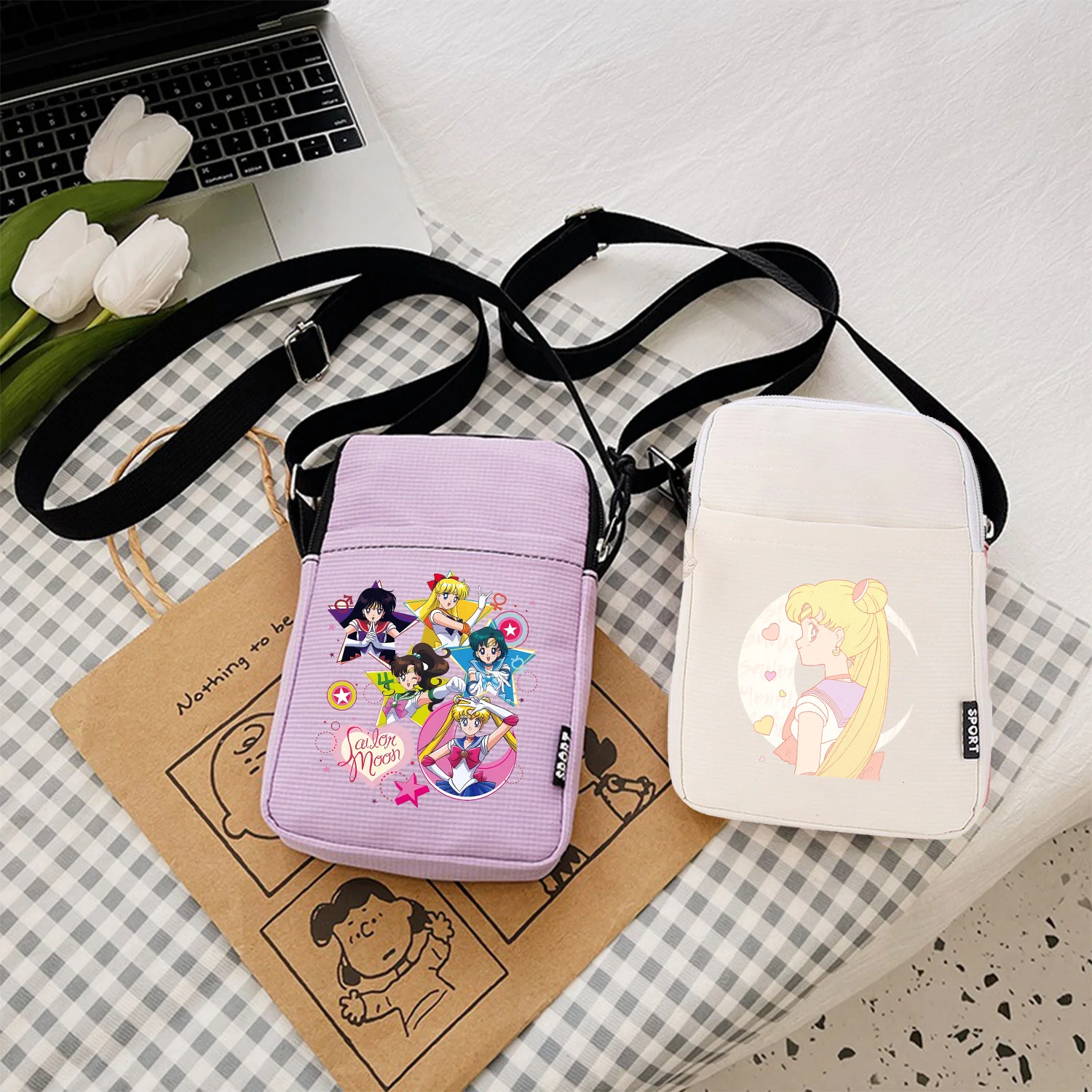 Sailor Moon Shoulder Bag Cartoon Phone Bags Pocket White Purple Crossbody Square Pack Women Outdoor Travel Portable Pouch Gift