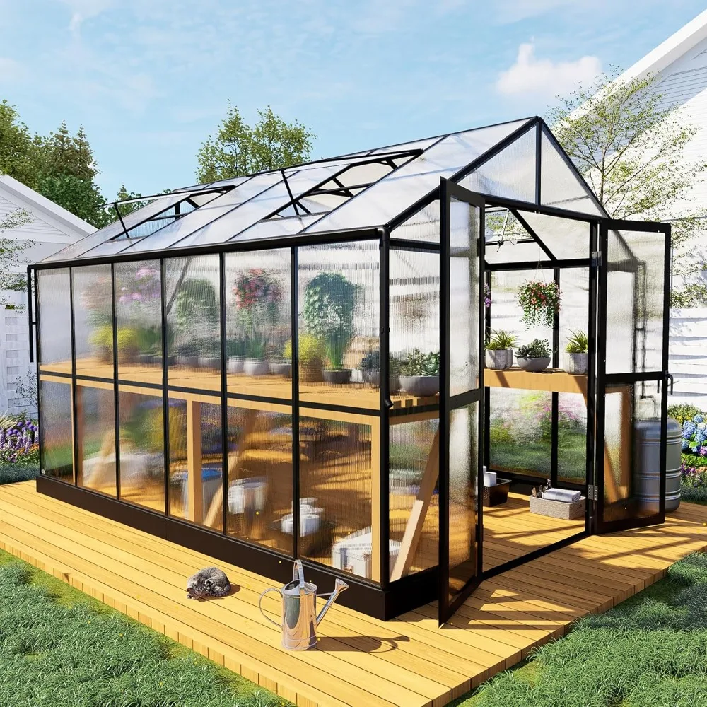 8x12x7.5 FT Greenhouse, Double Swing Doors 4 Vents 5.2FT Added Wall Height, Walk-in Large Aluminum Polycarbonate Greenhouse