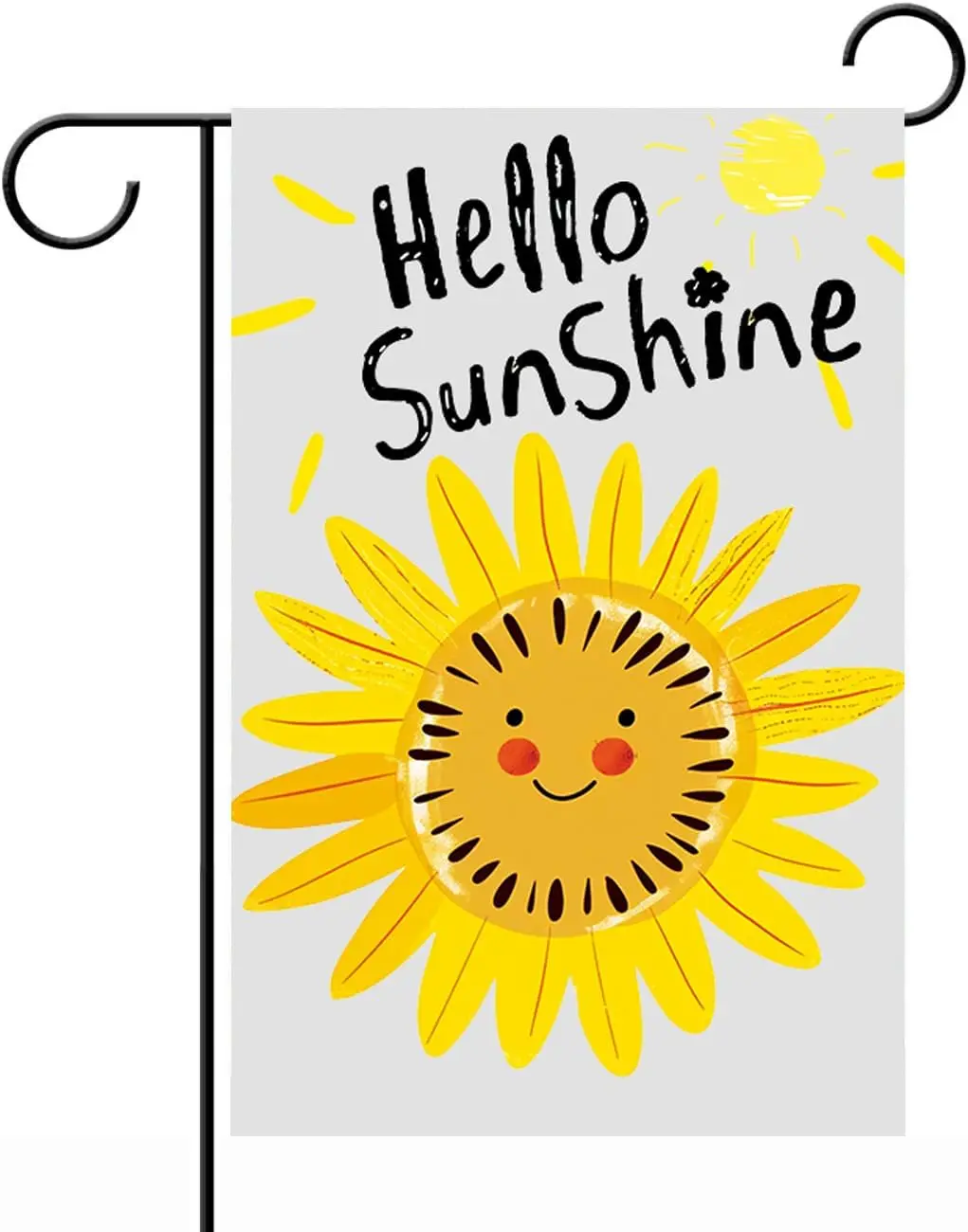 Kids Art Style Sun Flower Garden Flag - Smiling Sunflower with Hello Sunshine Banner, 12x18 Inches for Yard Outdoor Decor