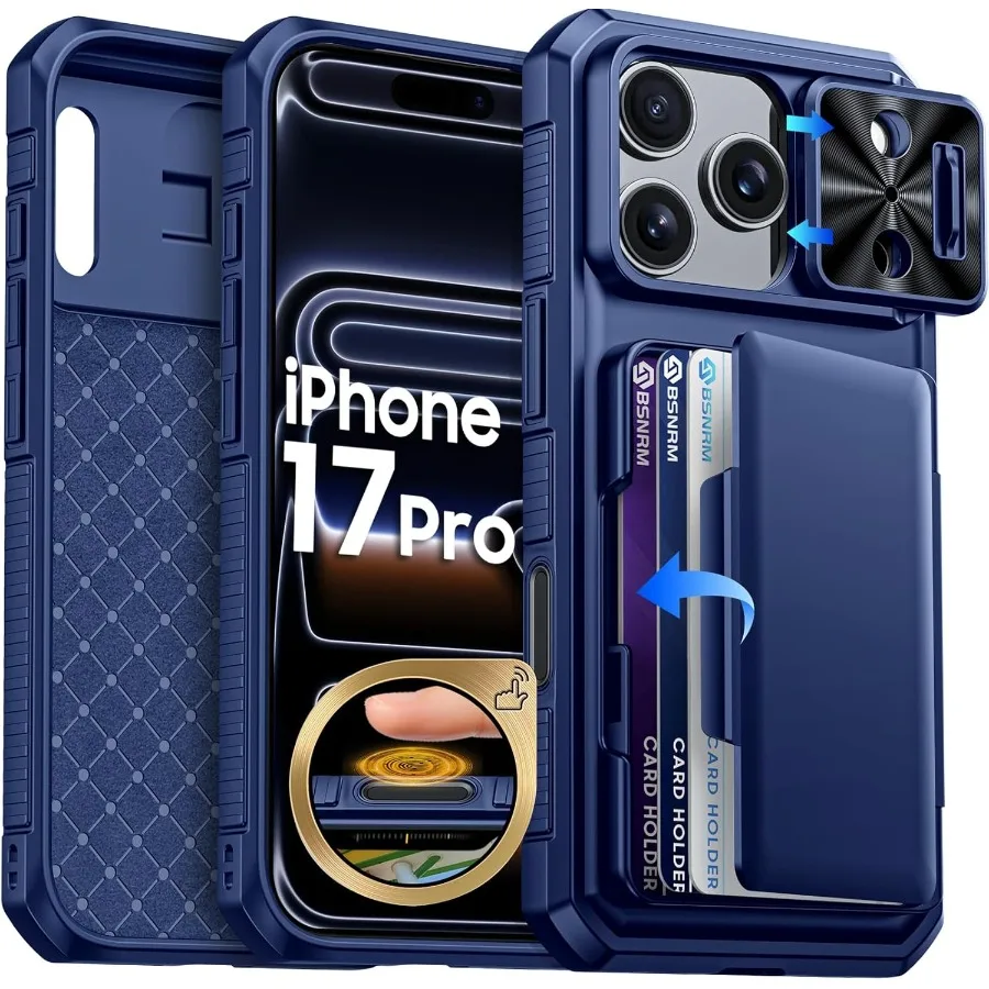Blue Shockproof Rugged Silicone Phone Case for iPhone 17 Pro with Built-in RFID Blocking Card Holder 4-5 Cards Camera Control B