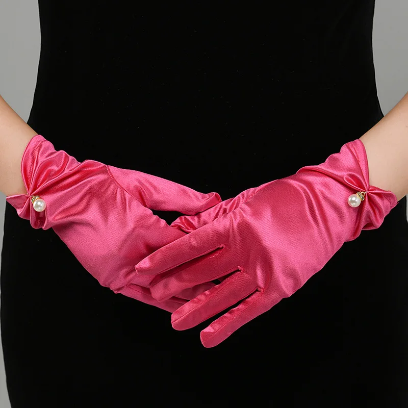 Weiße Satin-Handschuhe für Hochzeitskleider, kurze, elegante Blütenblatt-Perlen-Schleifen-Netz-Handschuhe, vielseitiges Fotozubehör, Perlen-Retro – Detail 16