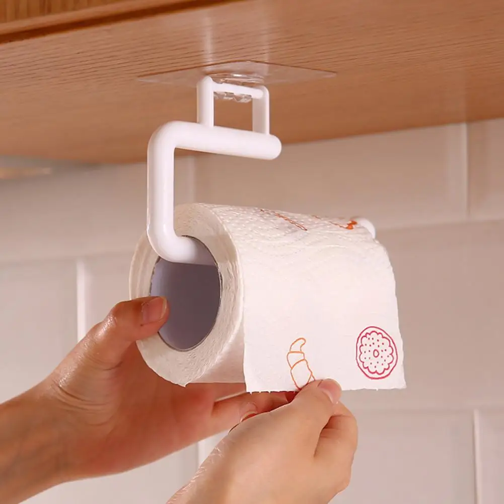 Roll Paper Rack Paper Towel Holder Wall Mounted Roll Paper Holder Storage Rack with Strong Adhesive Plastic Film for Kitchen
