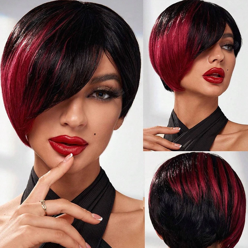 Short Straight Pixie Cut Wig Omber Human Hair Wigs #F1B/Bug  Color Full Mahine Made Wig Cheap Wigs Daily Wear For Women ,FY-019