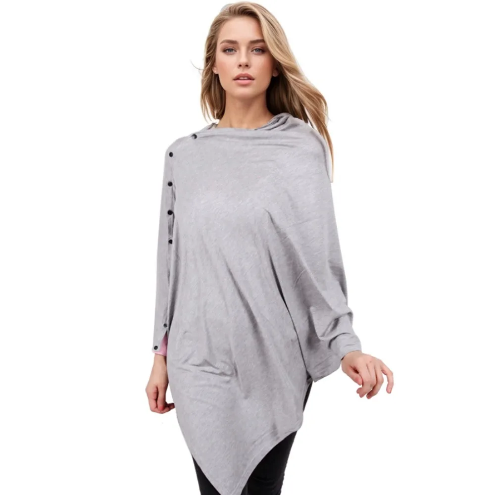 Soft Stretch Fabric Nursing Cover Button Closure Breathable Breastfeeding Poncho Lightweight Asymmetric Hem Breastfeeding Cover