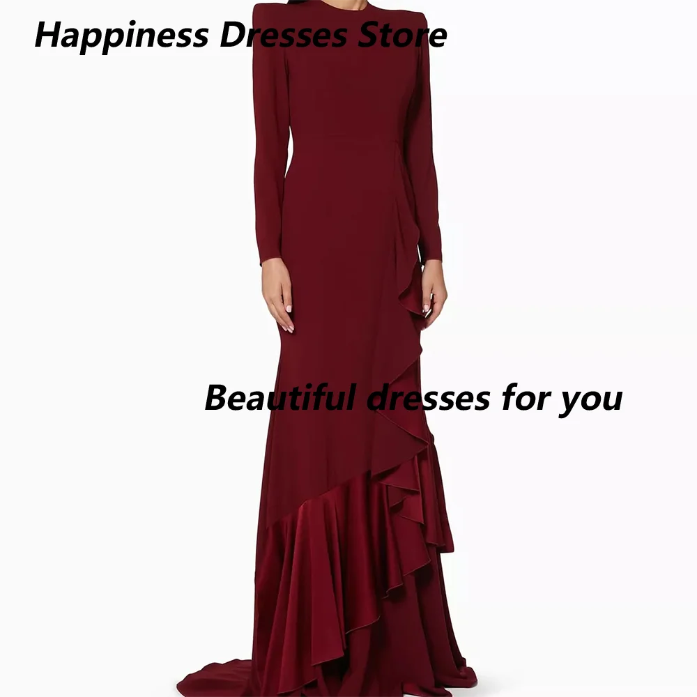 

Burgundy Evening Dress Customized Long Sleeves O-Neck A Line Jersey Ruffles Evening Gown Floor Length Formal Party Dresses