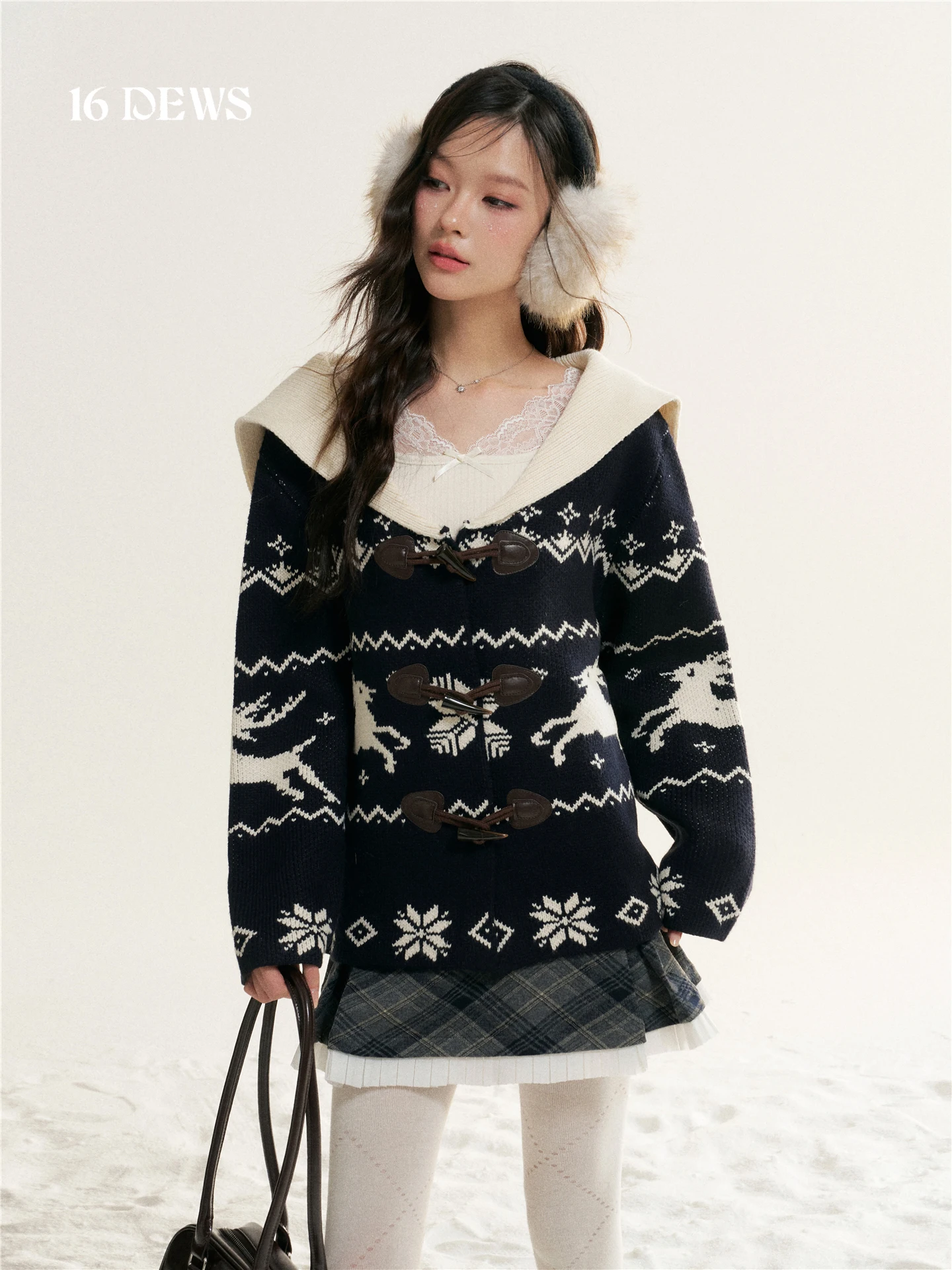 

6DEWS Winter Navy Collar Loose Knitted Coat for Women with Button Detail Long Sve Animal Pattern Open Cardigan Sle