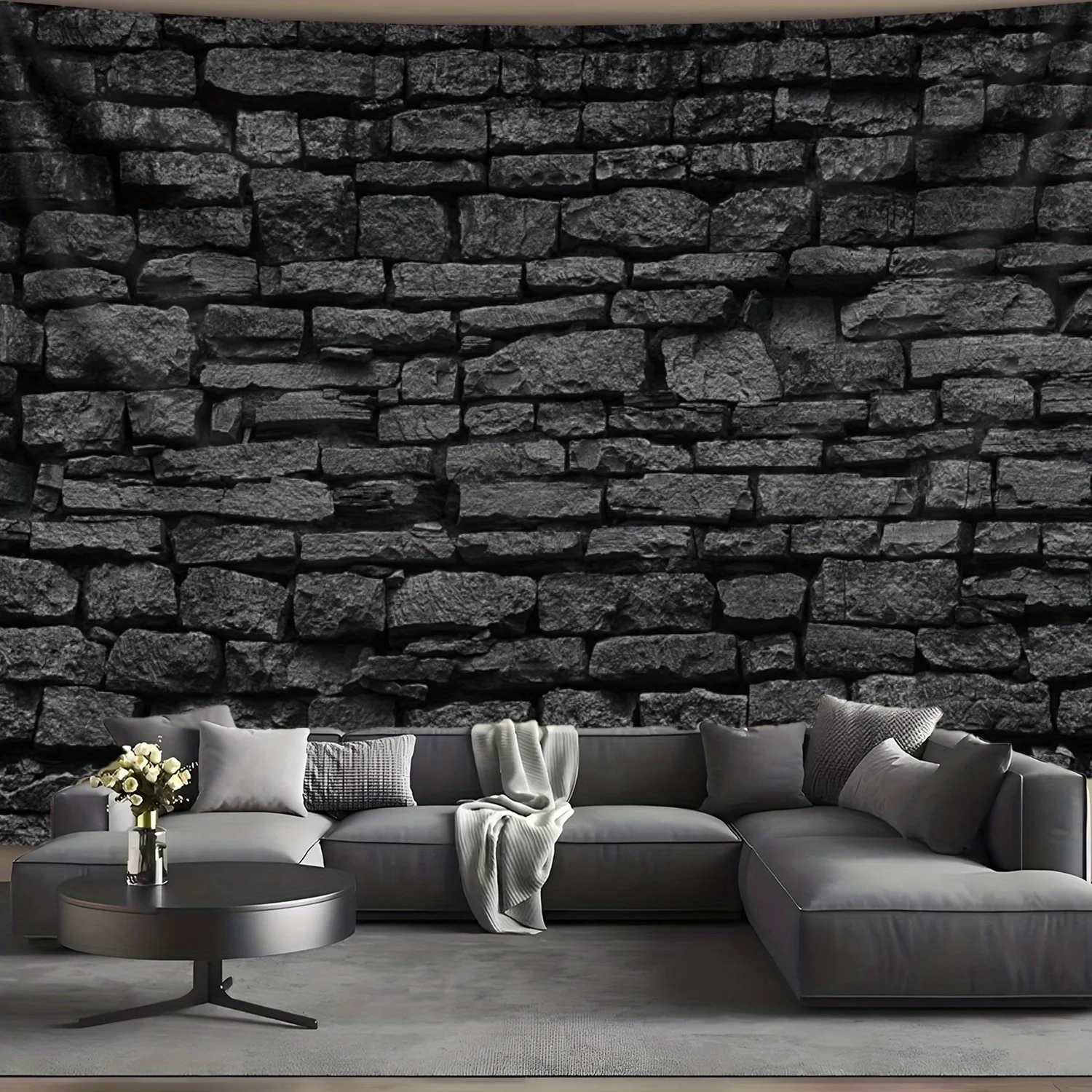 Elegant Dark Stone Wall Tapestry for Modern Living Room Decor, Featuring a Stunningly Realistic Depiction of a Textured