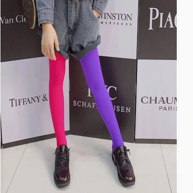 Y2K Dopamine Women Asymmetric Two Tone Pantyhose Candy Color Contrast Opaque Tights Soft Stretch Hosiery Fashion Street Matching