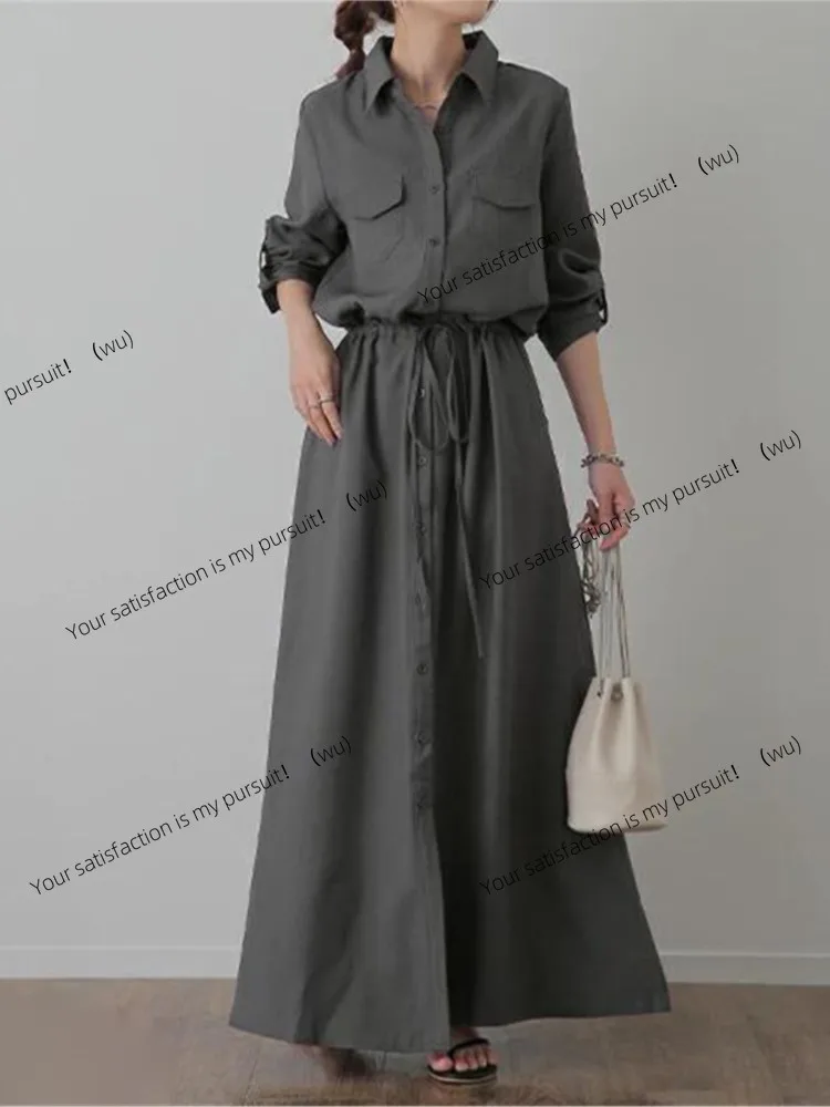 

Сплошные рубашки, длинные платья, женская мода, повседневное платье с лацканами и длинными рукавами, эластичное платье на талии, женская одежда для поездок на работу