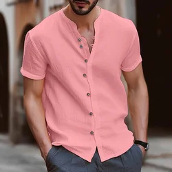 Camisa de cáñamo de algodón para hombre, camisa de moda de verano, botón Retro, informal, ajustada, Color sólido, manga corta, cuello levantado, Top, talla estadounidense