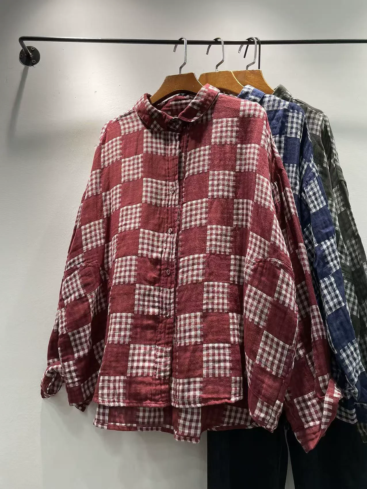 

2026 Mori kei clothing original design red blue coffee gray checkered blouses oversized shirts vintage women's pliad shirt