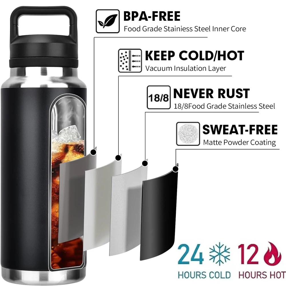 600/800/1100ML304 زجاجة ترمس من الفولاذ المقاوم للصدأ مع مقبض كوب ماء محمول زجاجة مياه شرب ساخنة وباردة تدوم طويلاً