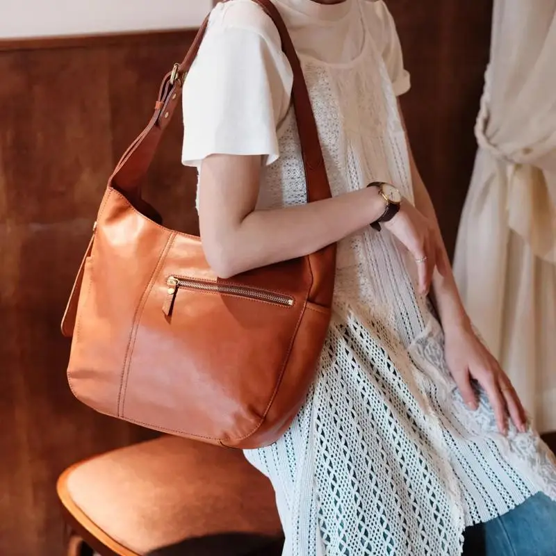 

handmade cowhide leather genuine leather women's tote bag weekend shopping shoulder bag fashion vintage large capacity handbag
