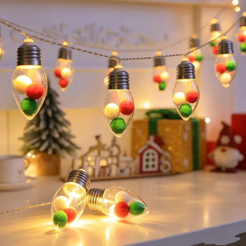 LED Christmas String Lights, Clear Bulb with Red Green White Pom Balls,Warm White Fairy Lights for Christmas Home Indoor Holiday