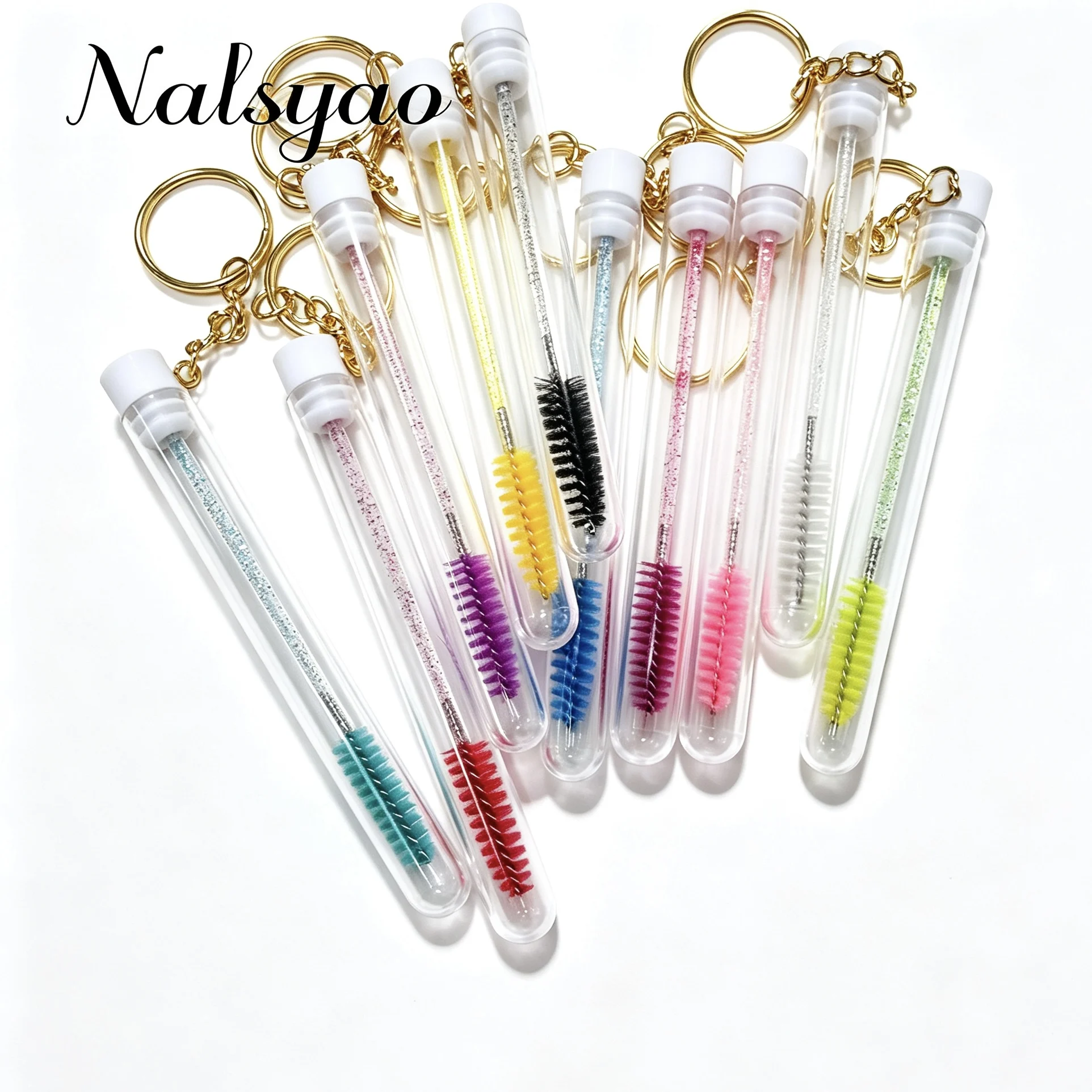 10 Pcs Tube Eyelash Brush with Gold Keychain Glitter Mascara Wand for Women Lash Extension Micro Comb Container Makeup Tool