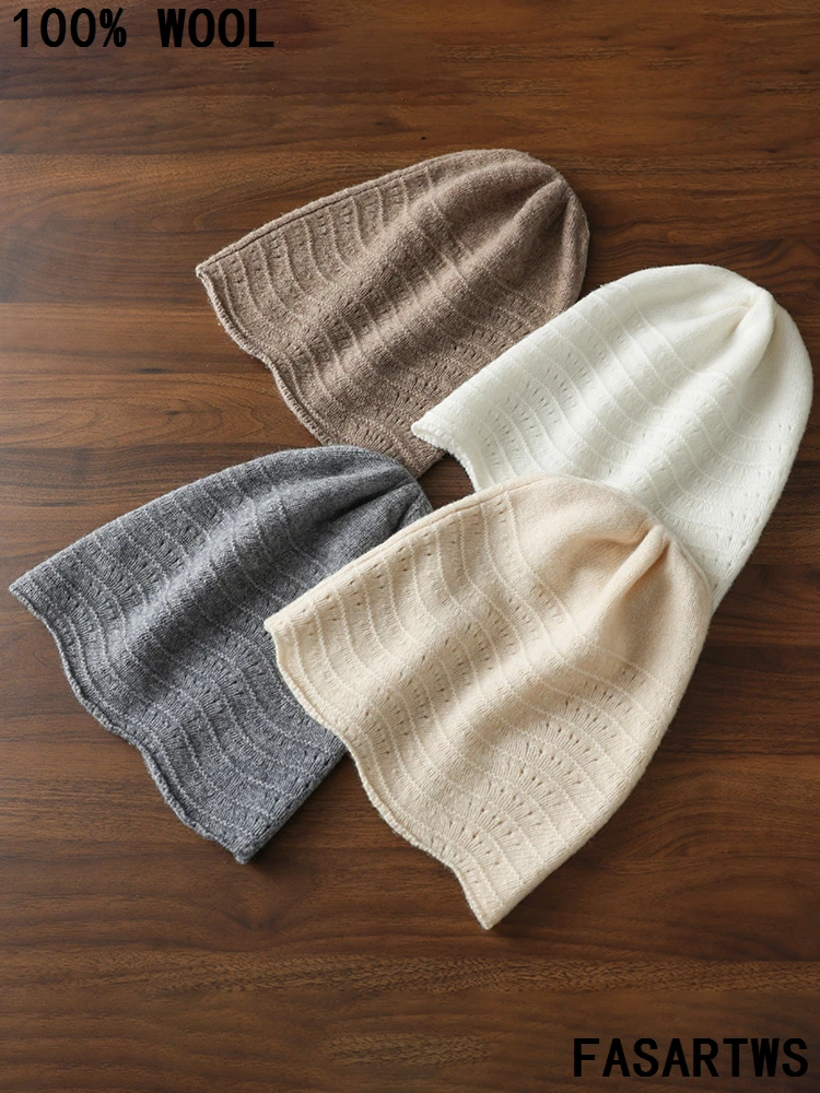 

FASARTWS High Quality 100% Merino Wool Knitted Hat Women Casual Beanie Winter Soft Warm Outdoor Cap Solid Jacquard Hollow Cap